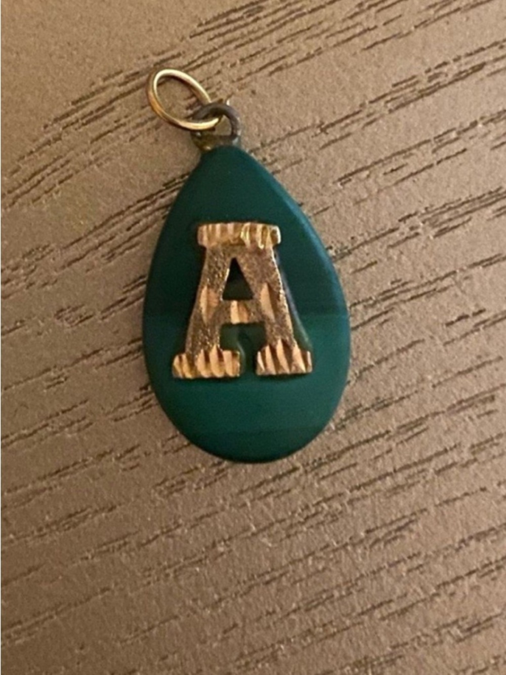 Gold Letter 'A' Teardrop Pendant on Dark Green Resin 18k